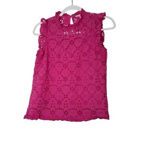 Jennifer‎ Grace Top Womens Small Pink Floral Eyelet Lace Ruffle Blouse Boho